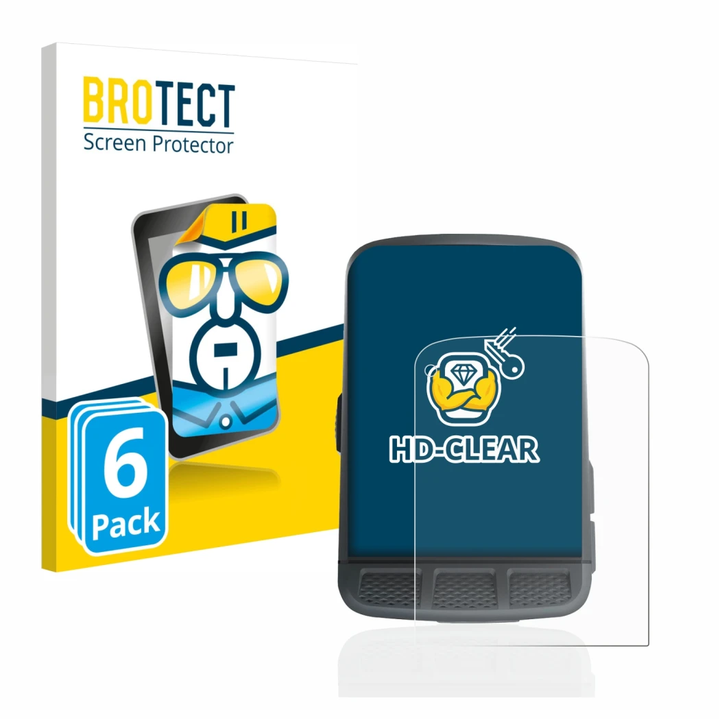 Vorderseite einer Produktverpackung mit dem Markenlogo BROTECT. Daneben ist das Gerät Wahoo Elemnt Roam mit dem zugehörigen Di