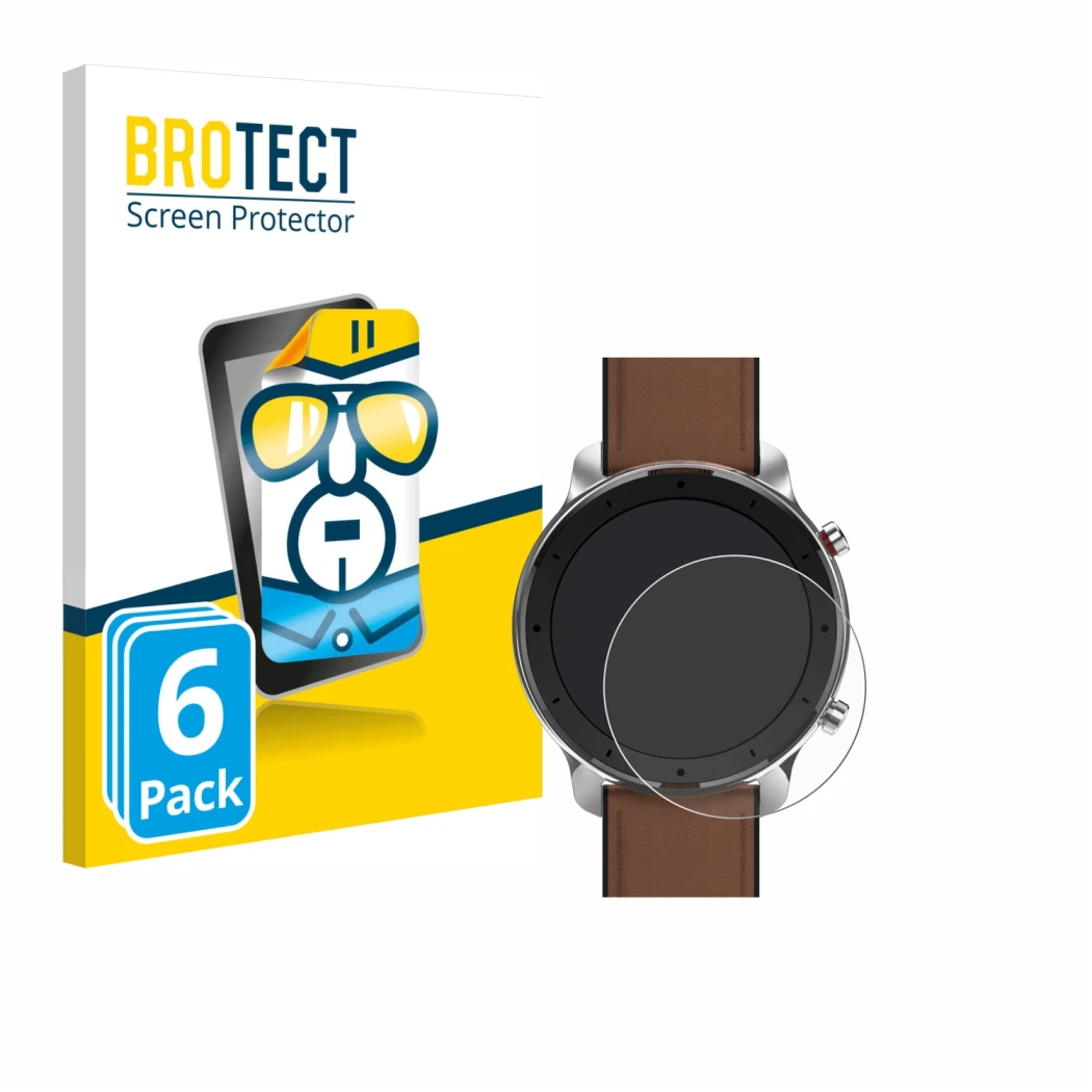 Vorderseite einer Produktverpackung mit dem Markenlogo BROTECT. Daneben ist das Gerät Huami Amazfit GTR (47 mm) mit dem zugehö