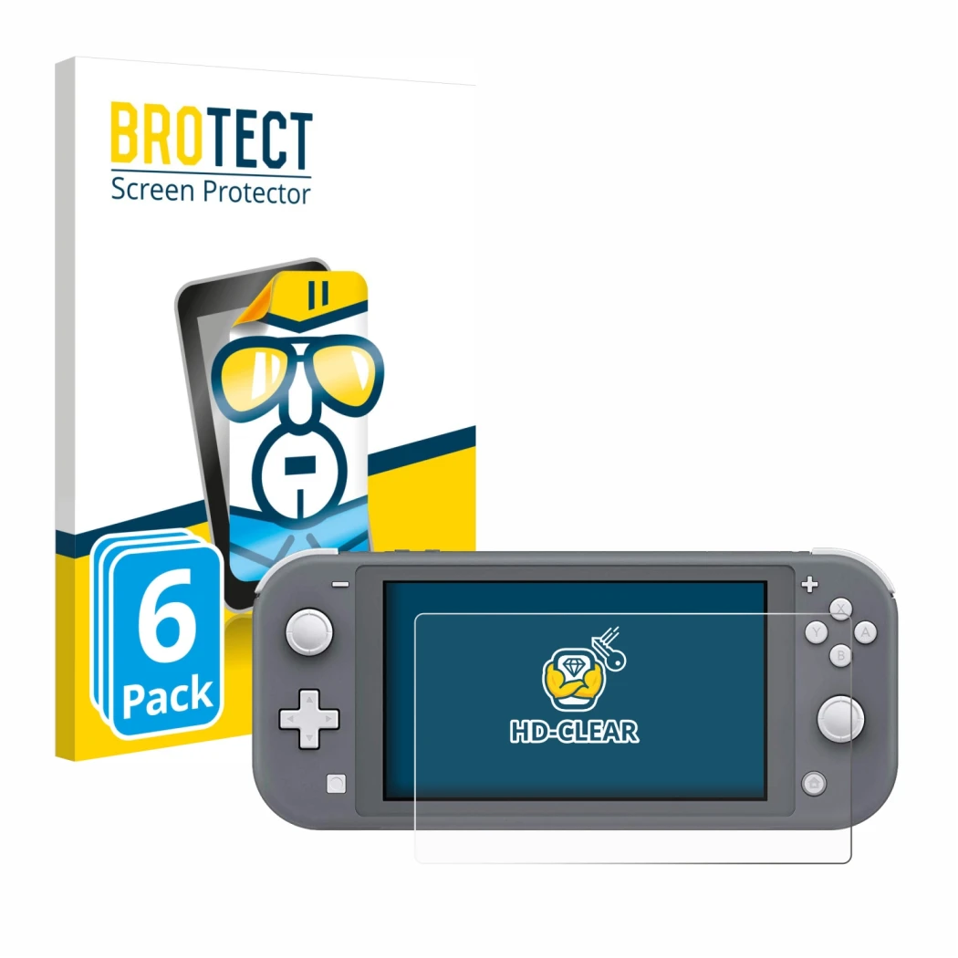 Vorderseite einer Produktverpackung mit dem Markenlogo BROTECT. Daneben ist das Gerät Nintendo Switch Lite mit dem zugehörigen