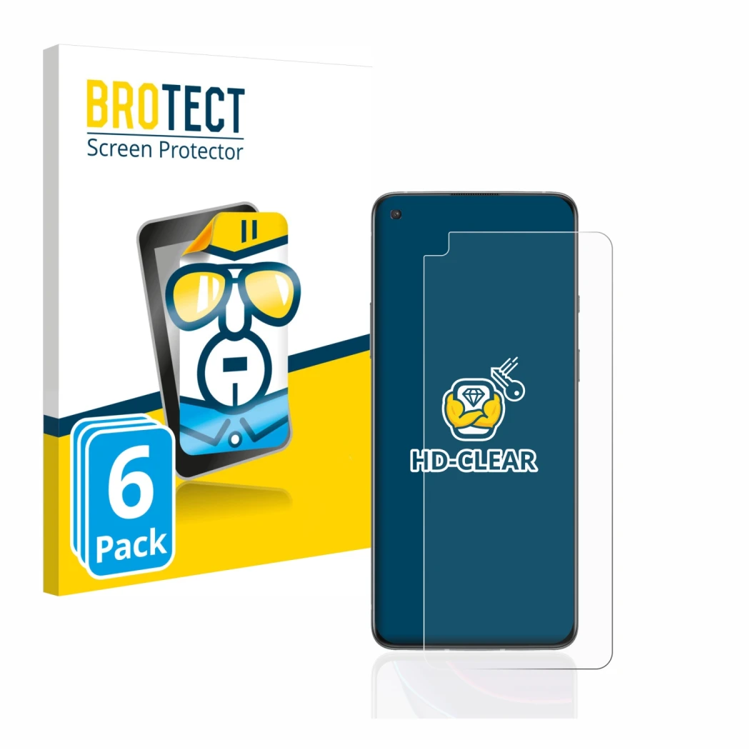 Vorderseite einer Produktverpackung mit dem Markenlogo BROTECT. Daneben ist das Gerät OnePlus 8T mit dem zugehörigen Displaysc