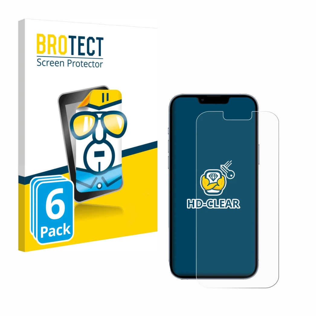 Vorderseite einer Produktverpackung mit dem Markenlogo BROTECT. Daneben ist das Gerät Apple iPhone 13 Pro Max mit dem zugehöri