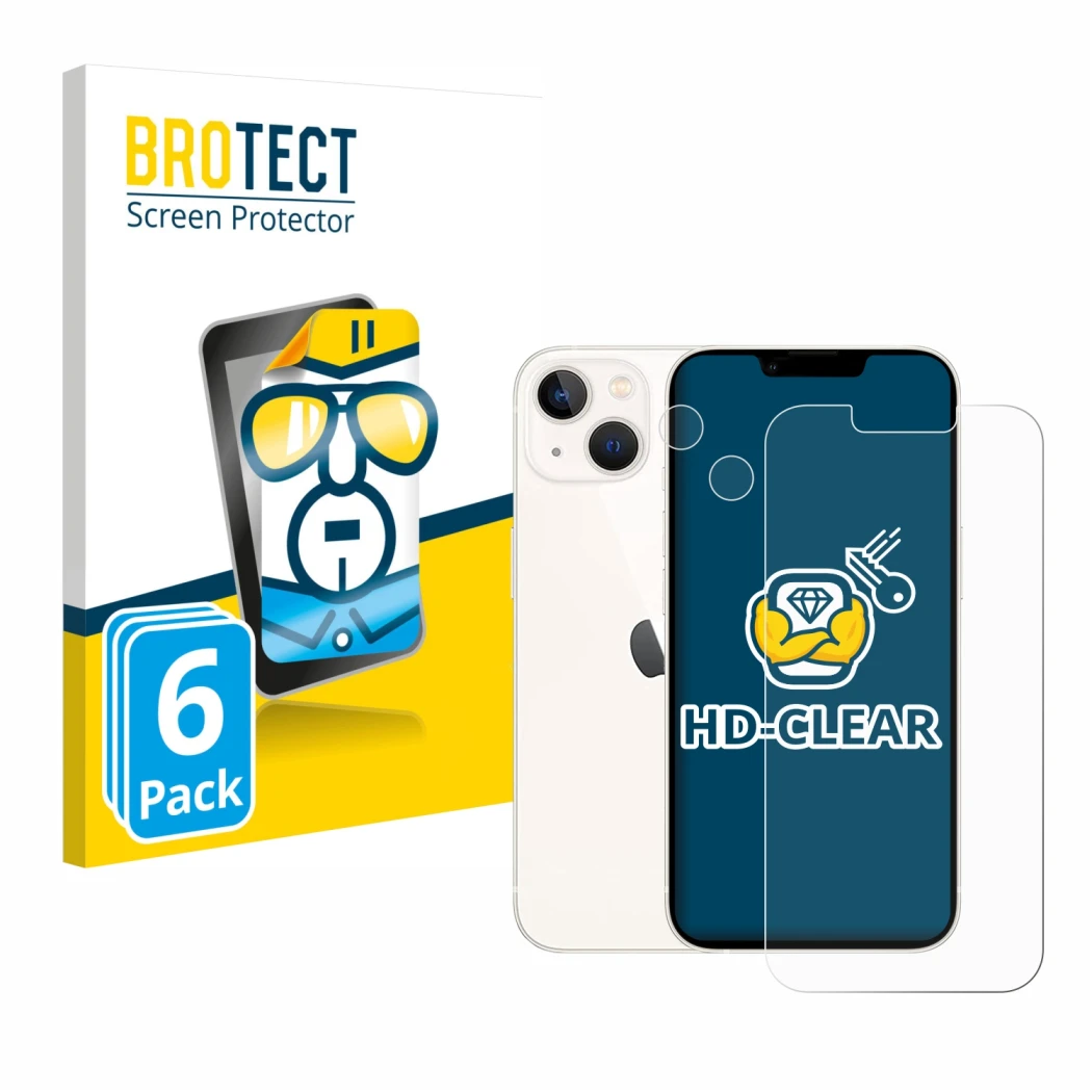 Vorderseite einer Produktverpackung mit dem Markenlogo BROTECT. Daneben ist das Gerät Apple iPhone 13 (Display+Kamera) mit dem