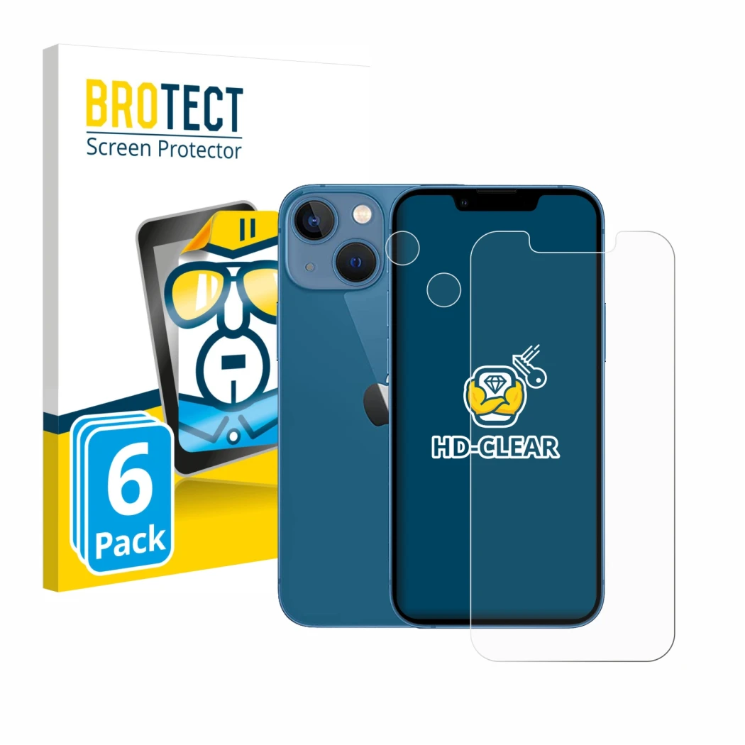 Vorderseite einer Produktverpackung mit dem Markenlogo BROTECT. Daneben ist das Gerät Apple iPhone 13 mini (Display+Kamera) mi