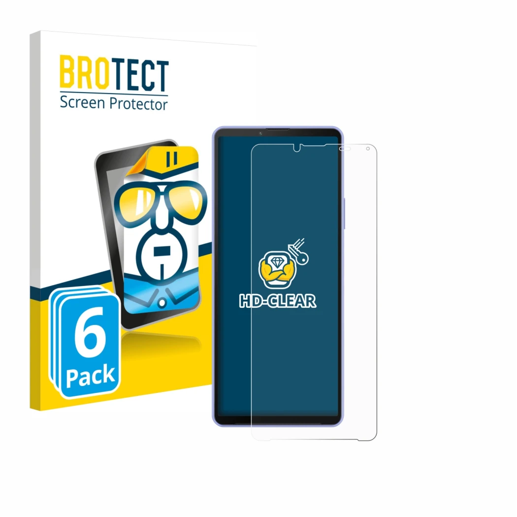 Vorderseite einer Produktverpackung mit dem Markenlogo BROTECT. Daneben ist das Gerät Sony Xperia 10 IV mit dem zugehörigen Di