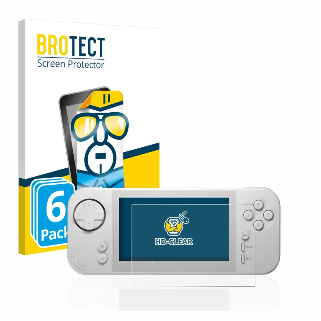 Vorderseite einer Produktverpackung mit dem Markenlogo BROTECT. Daneben ist das Gerät Evercade EXP mit dem zugehörigen Display