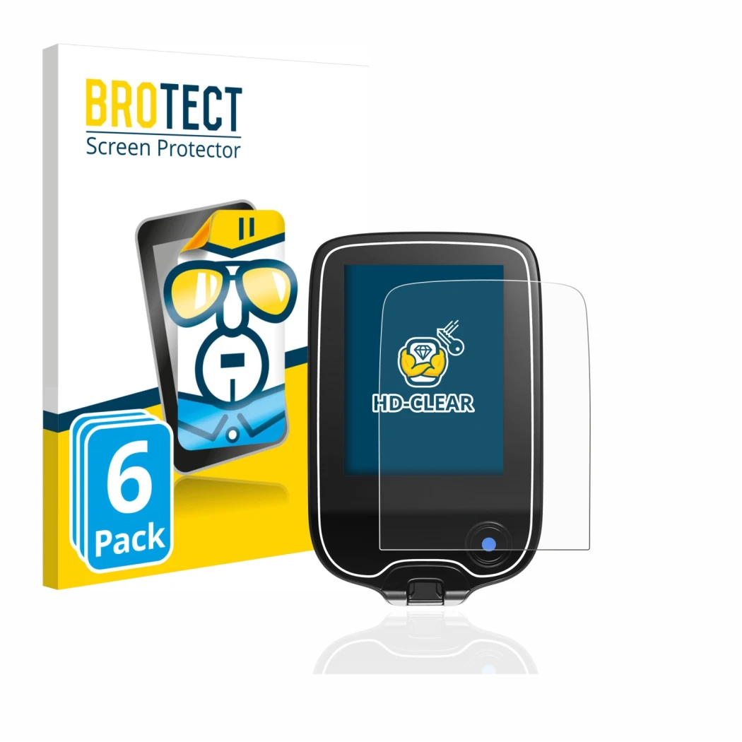 Vorderseite einer Produktverpackung mit dem Markenlogo BROTECT. Daneben ist das Gerät Freestyle Libre 3 mit dem zugehörigen Di