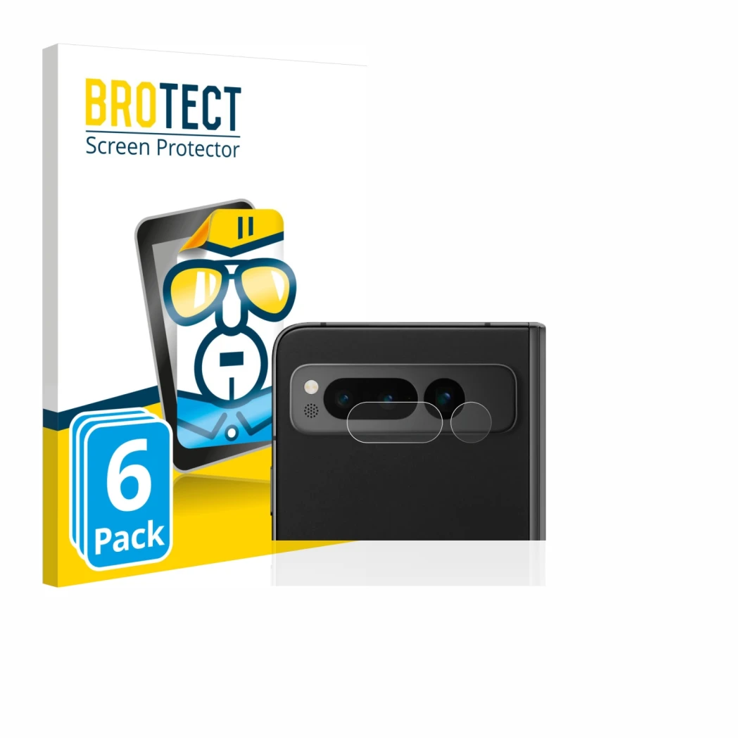 Vorderseite einer Produktverpackung mit dem Markenlogo BROTECT. Daneben ist das Gerät Google Pixel Fold (NUR Kameraschutz) mit