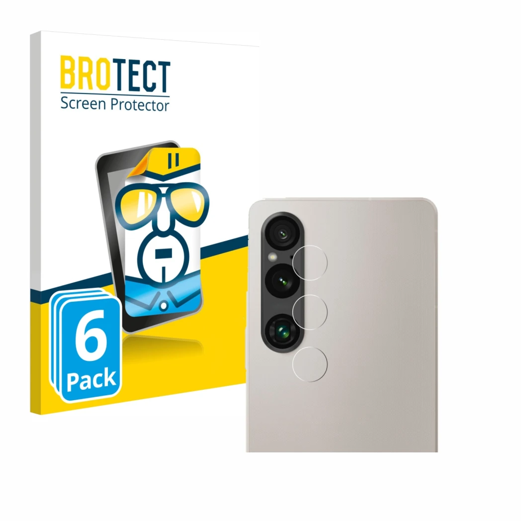 Vorderseite einer Produktverpackung mit dem Markenlogo BROTECT. Daneben ist das Gerät Sony Xperia 1 V (NUR Kameraschutz) mit d