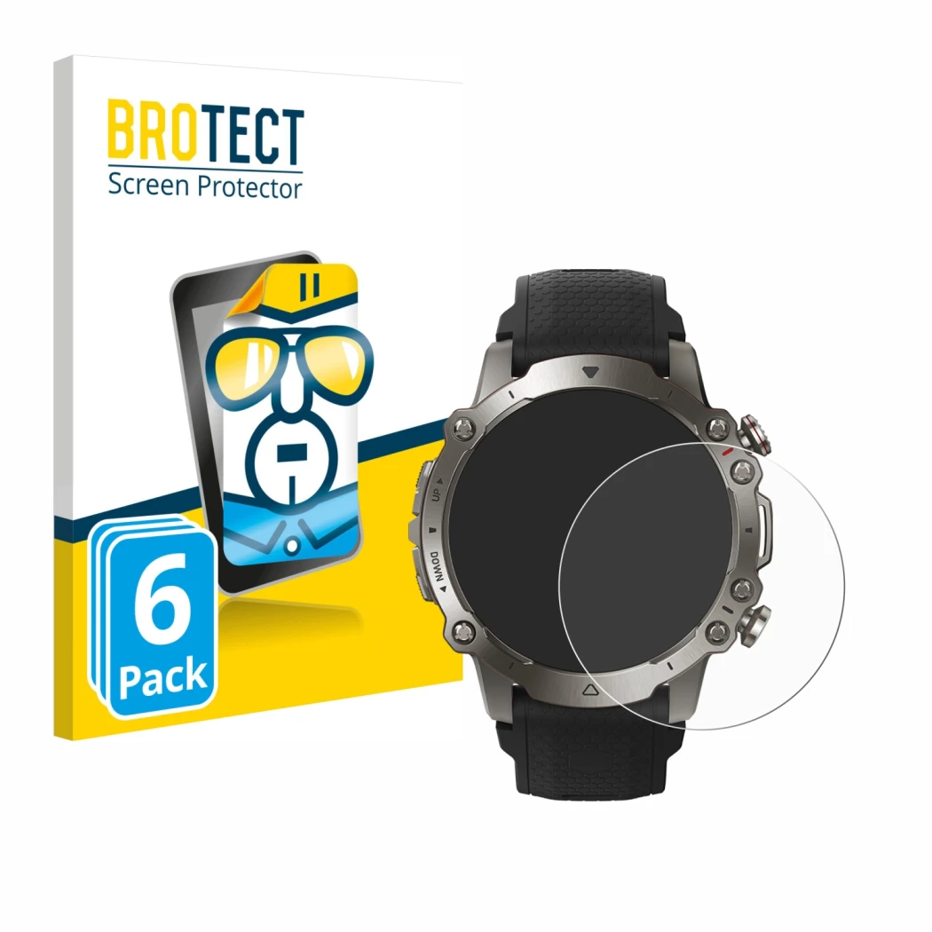 Vorderseite einer Produktverpackung mit dem Markenlogo BROTECT. Daneben ist das Gerät Huami Amazfit Falcon mit dem zugehörigen