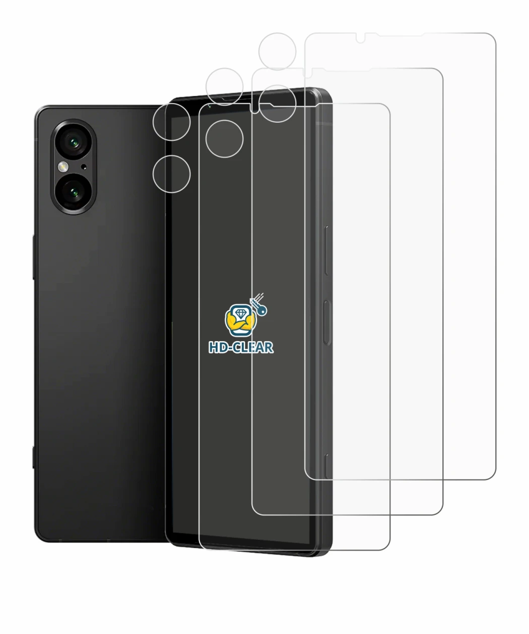 Abbildung des Geräts Sony Xperia 5 V (Display+Kamera) mit einer Vielzahl des Displayschutzes.