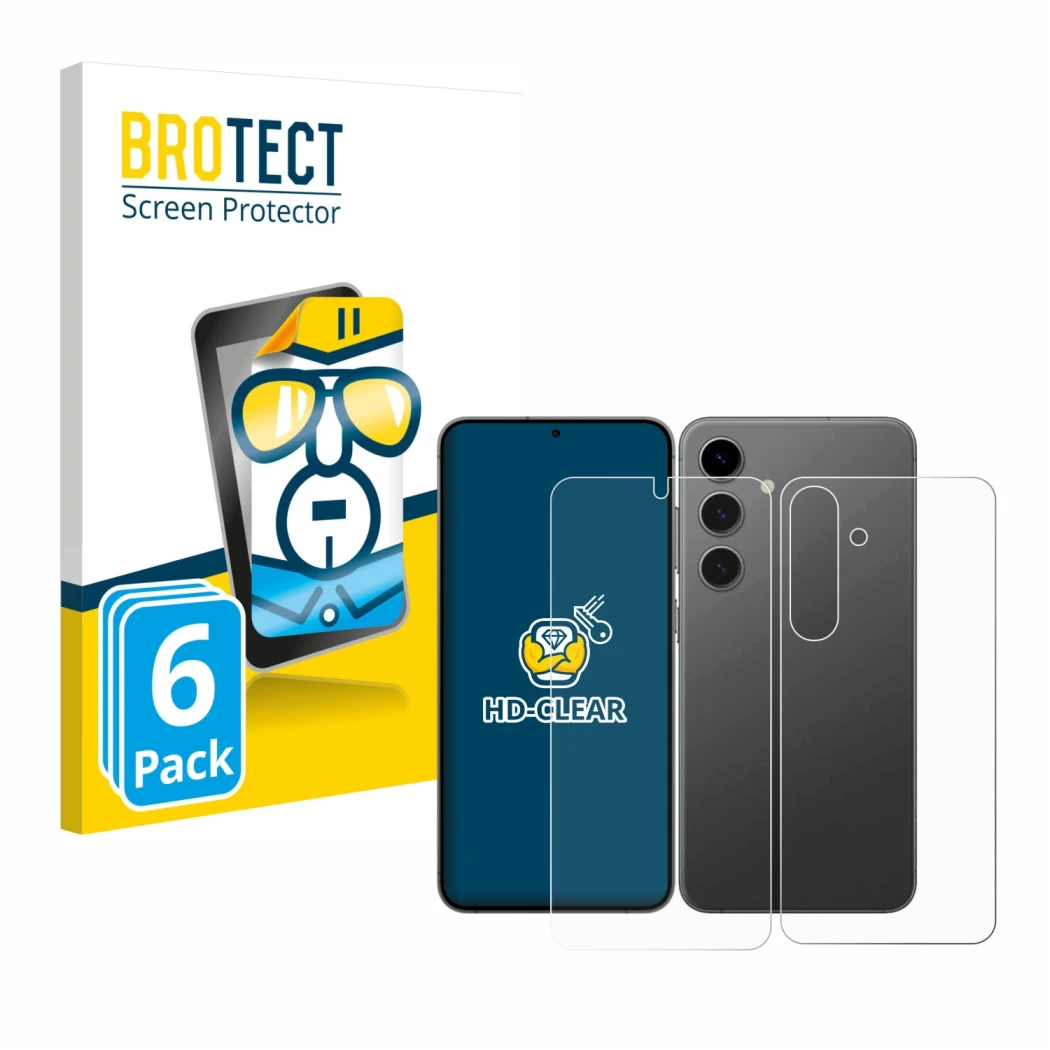 Vorderseite einer Produktverpackung mit dem Markenlogo BROTECT. Daneben ist das Gerät Samsung Galaxy S24 (Display+Rückseite) m