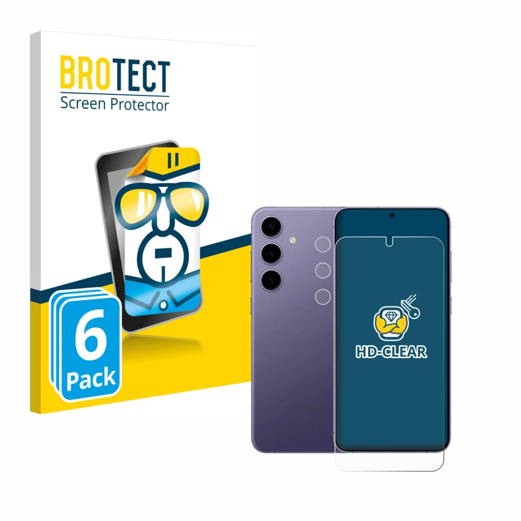 Vorderseite einer Produktverpackung mit dem Markenlogo BROTECT. Daneben ist das Gerät Samsung Galaxy S24 Plus (Display+Kamera)