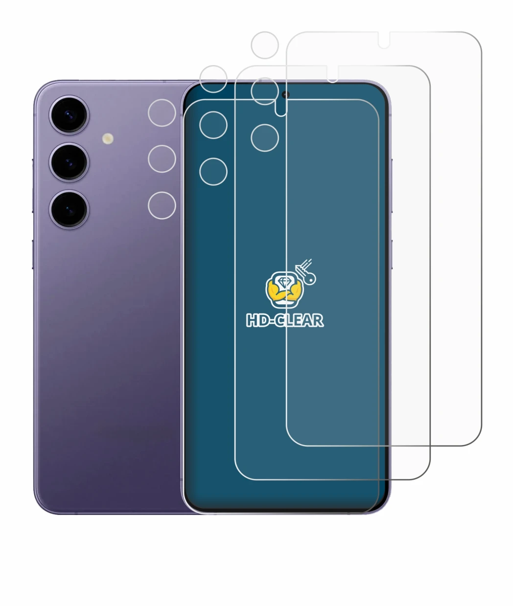 Abbildung des Geräts Samsung Galaxy S24 Plus (Display+Kamera) mit einer Vielzahl des Displayschutzes.