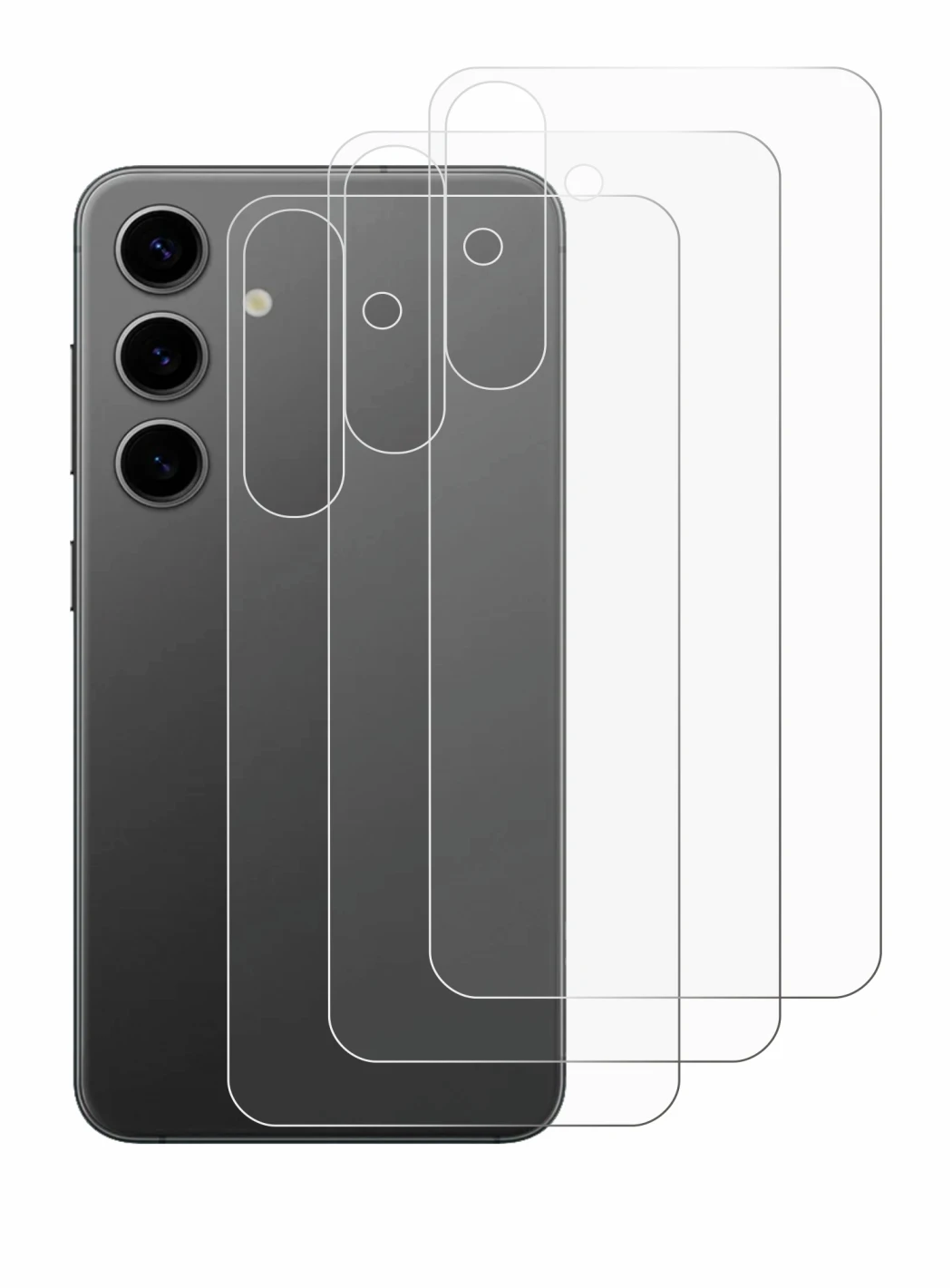 Abbildung des Geräts Samsung Galaxy S24 Plus (Rückseite) mit einer Vielzahl des Displayschutzes.