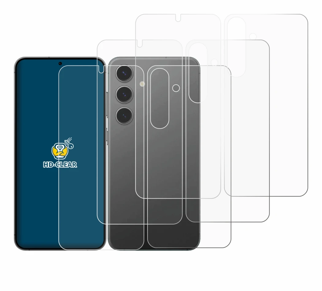 Abbildung des Geräts Samsung Galaxy S24 Plus (Display+Rückseite) mit einer Vielzahl des Displayschutzes.