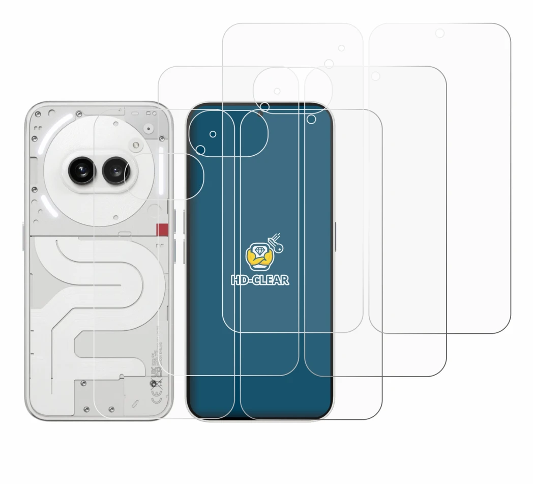 Abbildung des Geräts Nothing Phone (2a) (Display+Rückseite) mit einer Vielzahl des Displayschutzes.
