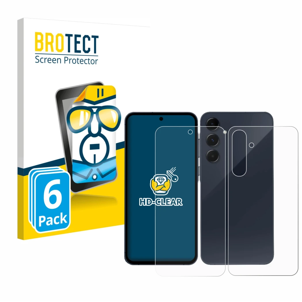 Vorderseite einer Produktverpackung mit dem Markenlogo BROTECT. Daneben ist das Gerät Samsung Galaxy A55 5G (Display+Rückseite