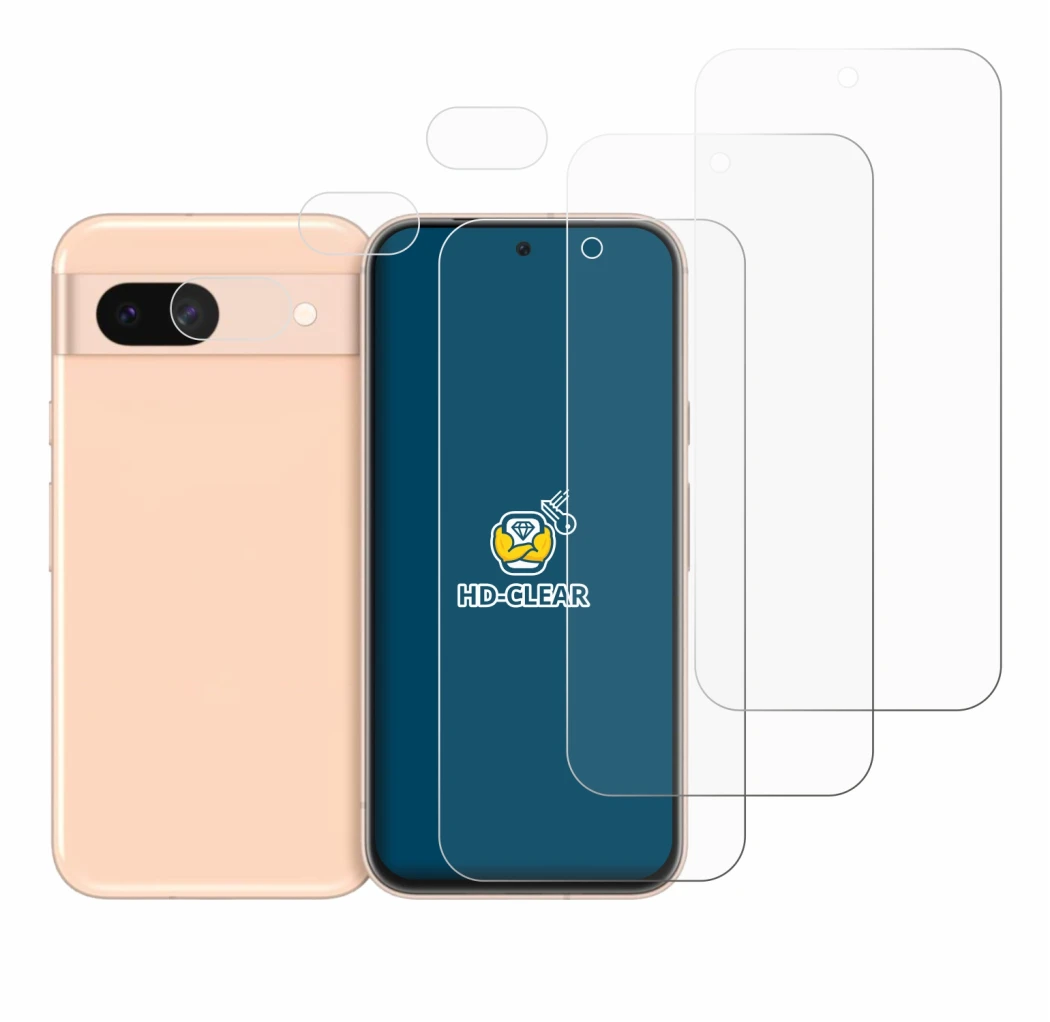 Abbildung des Geräts Google Pixel 8a (Display+Kamera) mit einer Vielzahl des Displayschutzes.