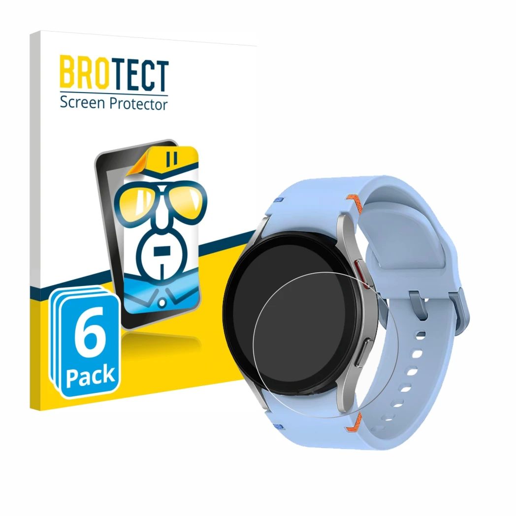 Vorderseite einer Produktverpackung mit dem Markenlogo BROTECT. Daneben ist das Gerät Samsung Galaxy Watch FE mit dem zugehöri