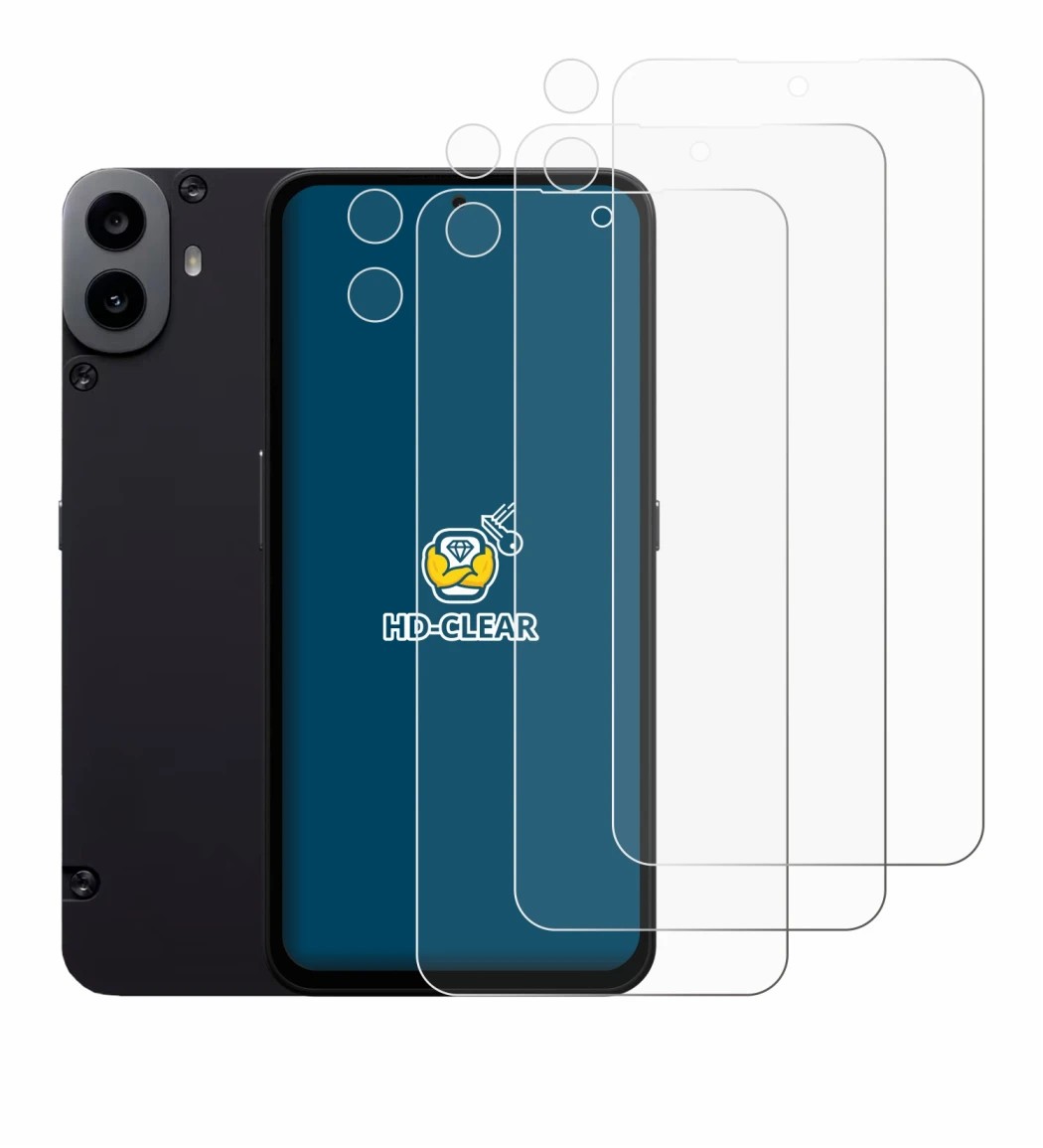 Abbildung des Geräts Nothing CMF Phone 1 (Display+Kamera) mit einer Vielzahl des Displayschutzes.