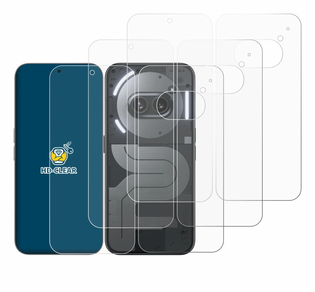 Abbildung des Geräts Nothing Phone (2a) Plus (Display+Rückseite) mit einer Vielzahl des Displayschutzes.