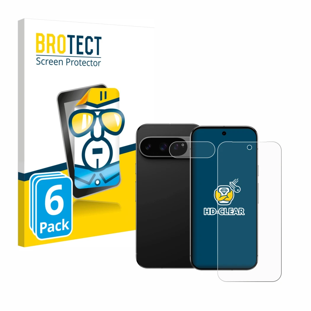 Vorderseite einer Produktverpackung mit dem Markenlogo BROTECT. Daneben ist das Gerät Google Pixel 9 Pro XL (Display+Kamera) m