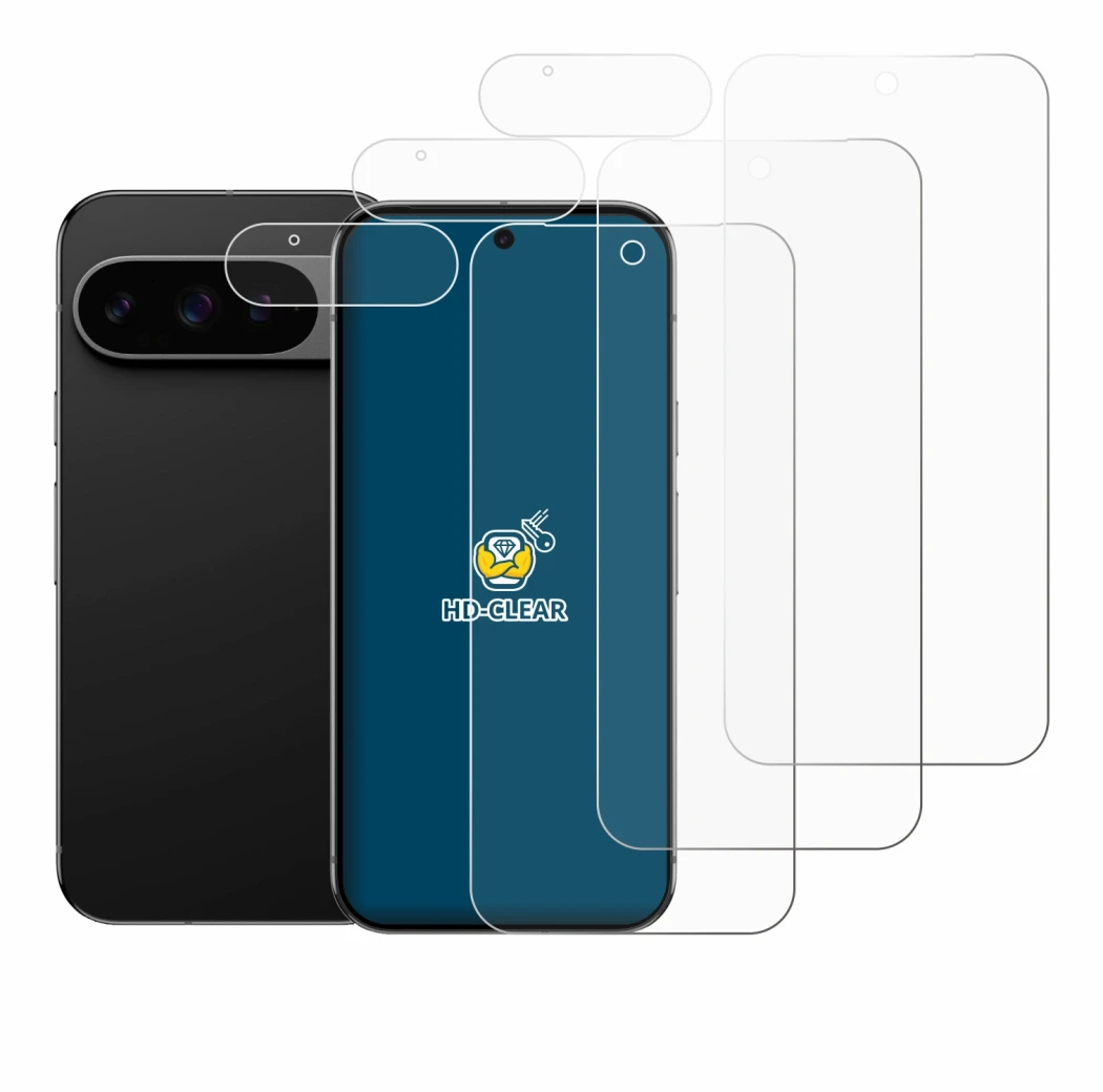 Abbildung des Geräts Google Pixel 9 Pro XL (Display+Kamera) mit einer Vielzahl des Displayschutzes.