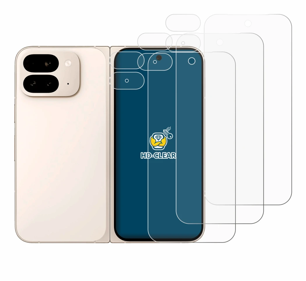 Abbildung des Geräts Google Pixel 9 Pro Fold (Display+Kamera) mit einer Vielzahl des Displayschutzes.
