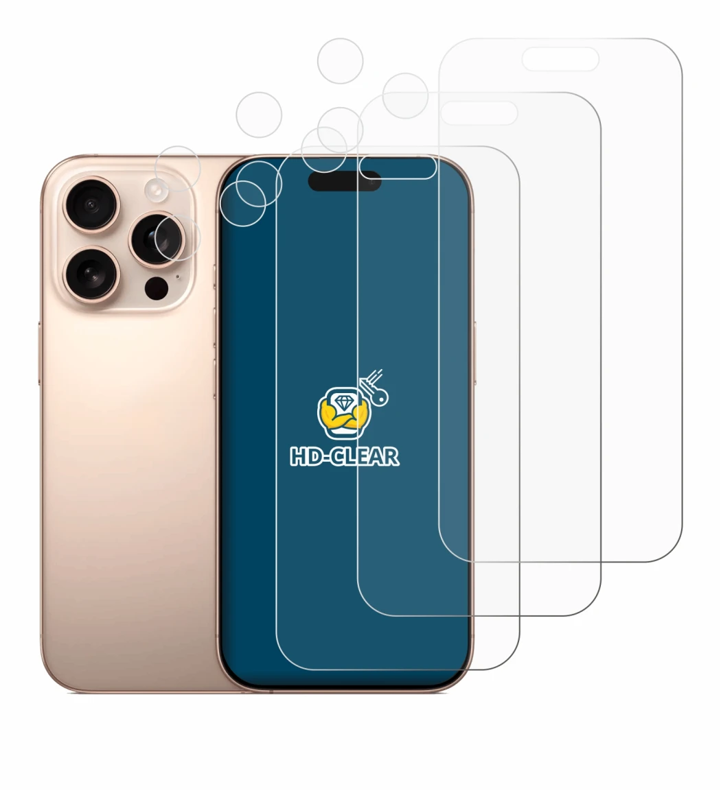 Abbildung des Geräts Apple iPhone 16 Pro (Display+Kamera) mit einer Vielzahl des Displayschutzes.