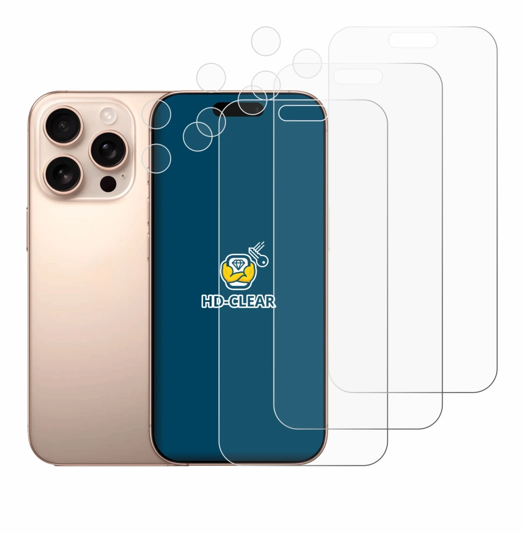 Abbildung des Geräts Apple iPhone 16 Pro Max (Display+Kamera) mit einer Vielzahl des Displayschutzes.