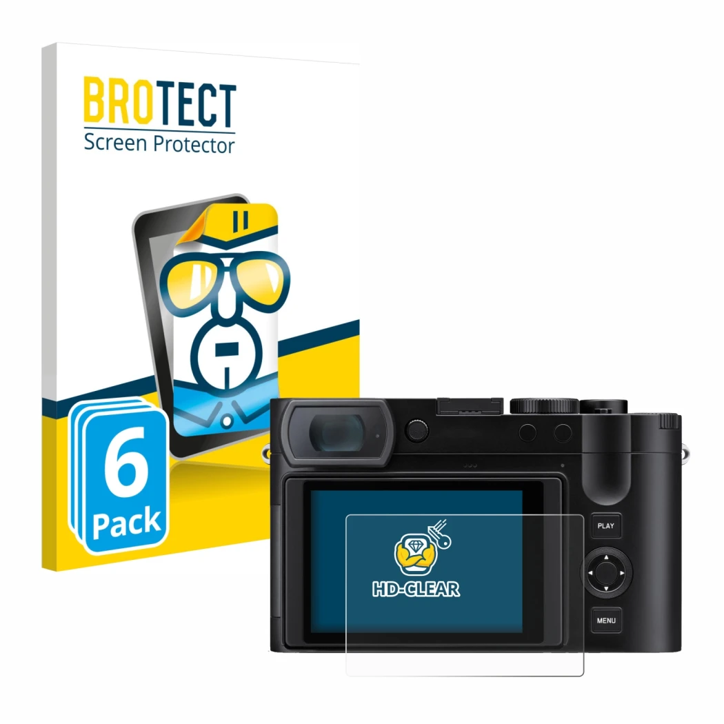 Vorderseite einer Produktverpackung mit dem Markenlogo BROTECT. Daneben ist das Gerät Leica Q3 43 mit dem zugehörigen Displays