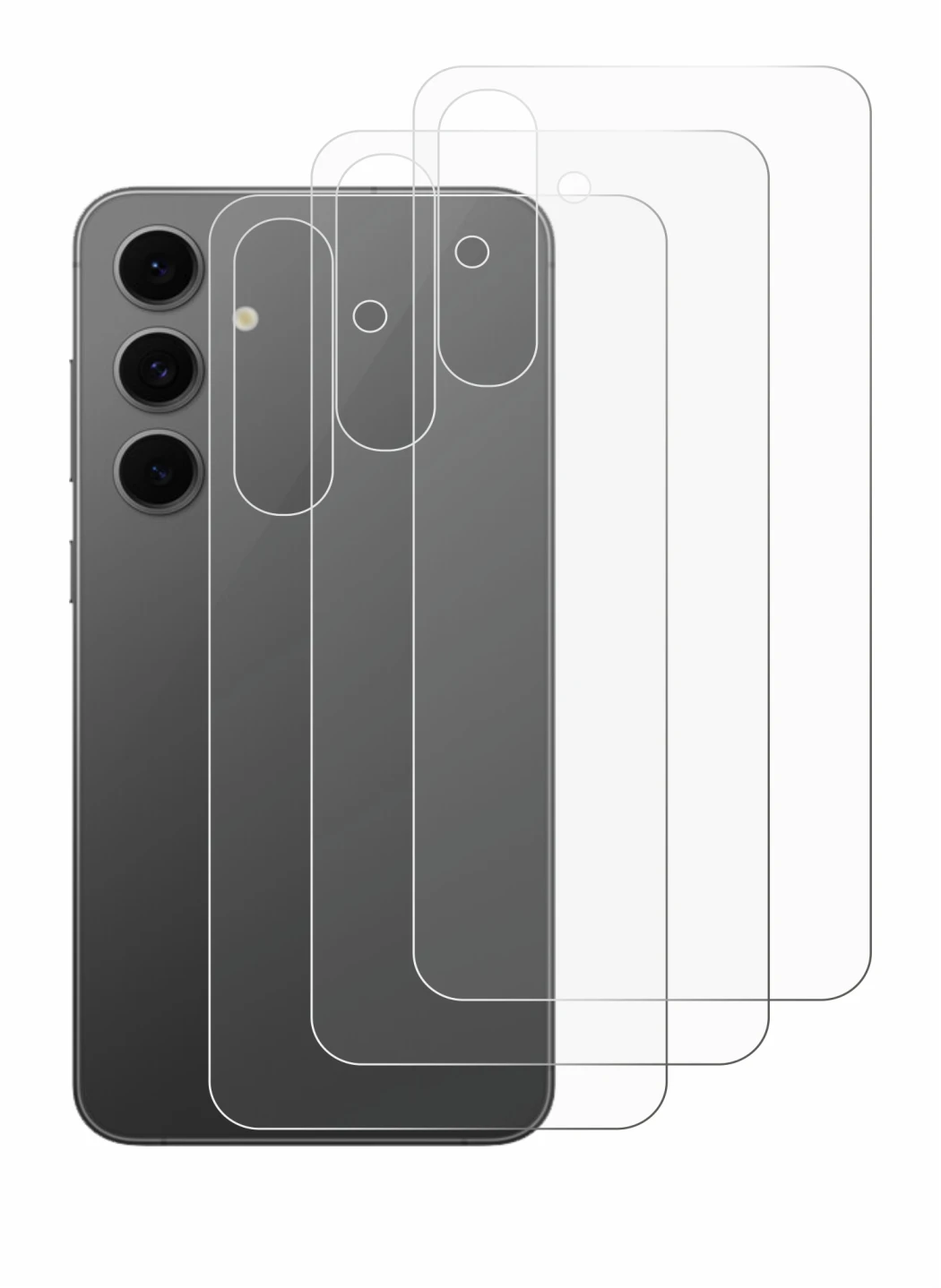 Abbildung des Geräts Samsung Galaxy S24 FE (Rückseite) mit einer Vielzahl des Displayschutzes.