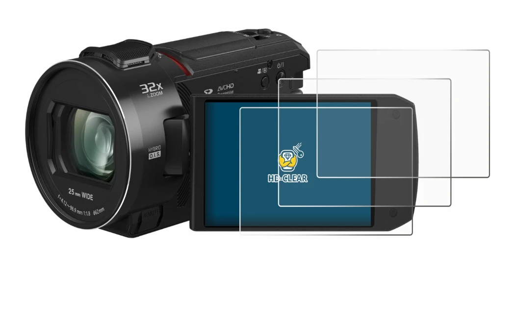 Abbildung des Geräts Panasonic HC-VX3 mit einer Vielzahl des Displayschutzes.