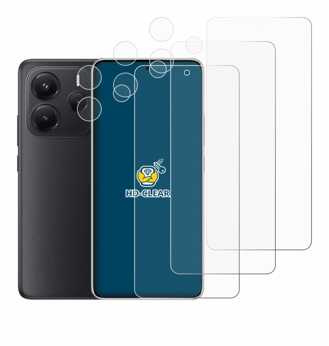 Abbildung des Geräts Xiaomi Redmi Note 14 (Display+Kamera) mit einer Vielzahl des Displayschutzes.