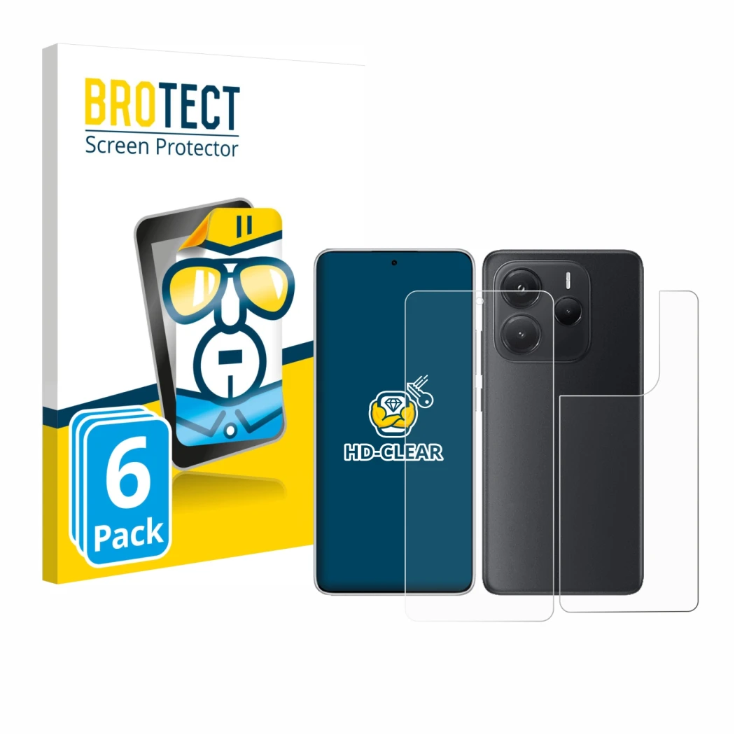 Vorderseite einer Produktverpackung mit dem Markenlogo BROTECT. Daneben ist das Gerät Xiaomi Redmi Note 14 (Display+Rückseite)