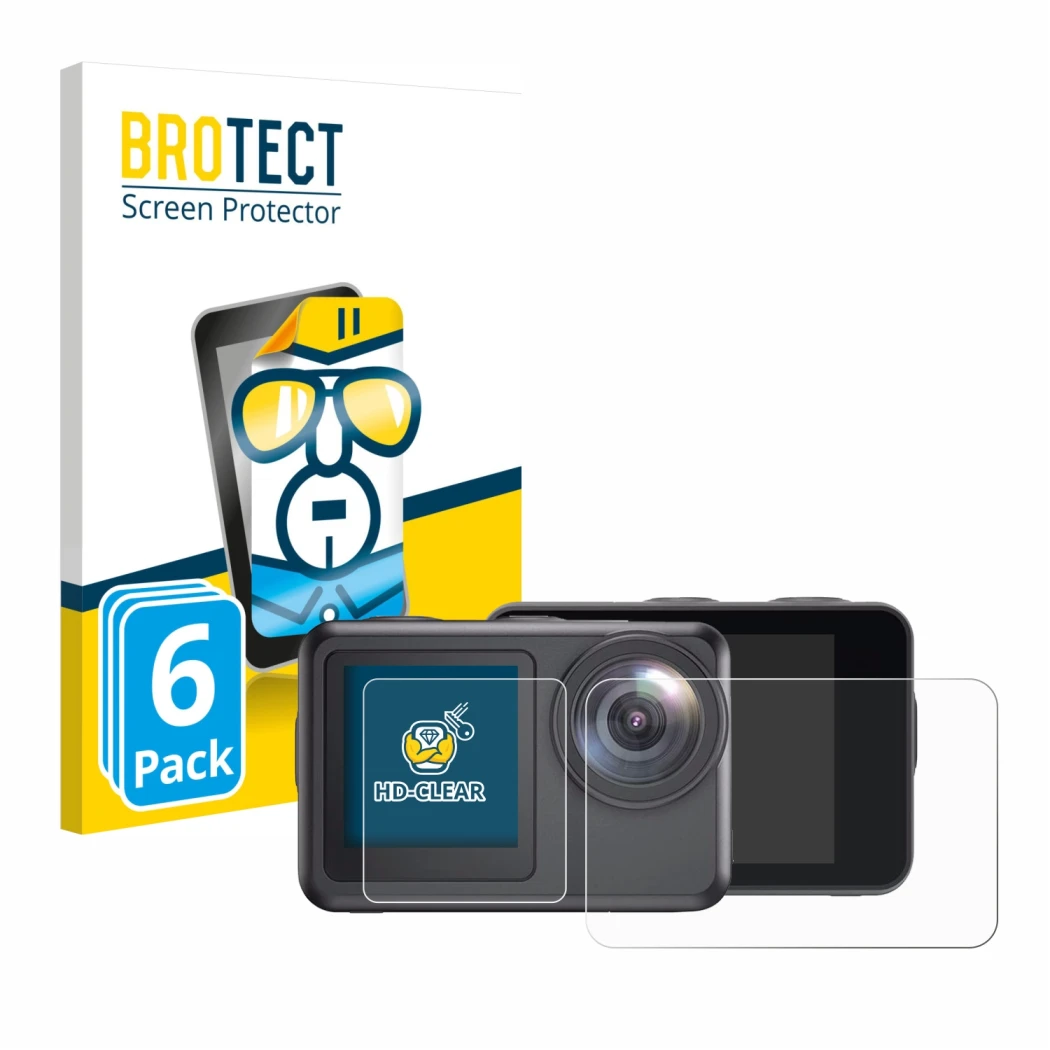 Vorderseite einer Produktverpackung mit dem Markenlogo BROTECT. Daneben ist das Gerät Akaso Brave 7 LE mit dem zugehörigen Dis