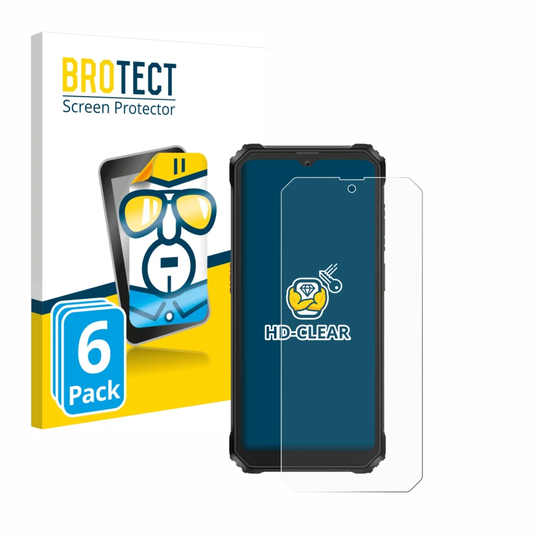 Vorderseite einer Produktverpackung mit dem Markenlogo BROTECT. Daneben ist das Gerät Blackview BV6200 Plus mit dem zugehörige