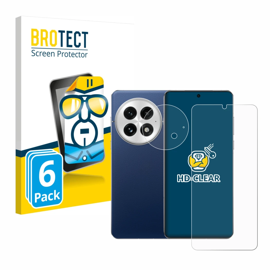 Vorderseite einer Produktverpackung mit dem Markenlogo BROTECT. Daneben ist das Gerät OnePlus 13 (Display+Kamera) mit dem zuge