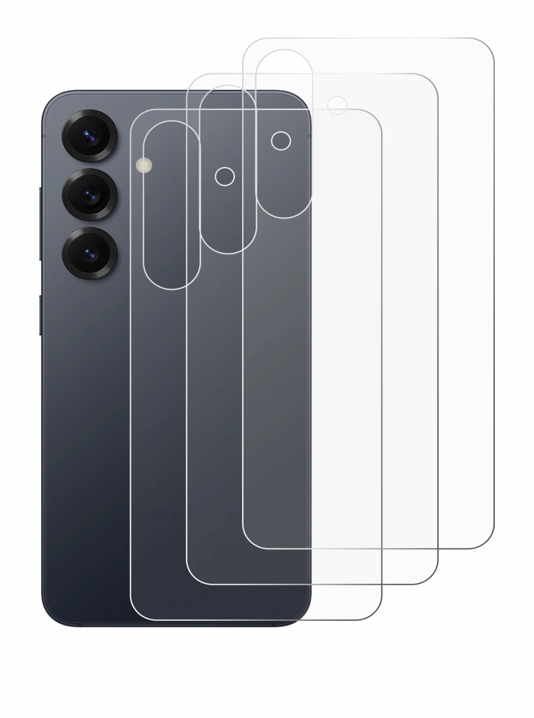 Abbildung des Geräts Samsung Galaxy S25 (Rückseite) mit einer Vielzahl des Displayschutzes.