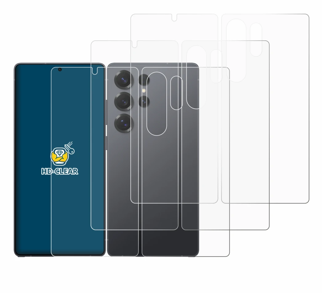 Abbildung des Geräts Samsung Galaxy S25 Ultra Enterprise Edition (Display+Rückseite) mit einer Vielzahl des Displayschutzes.