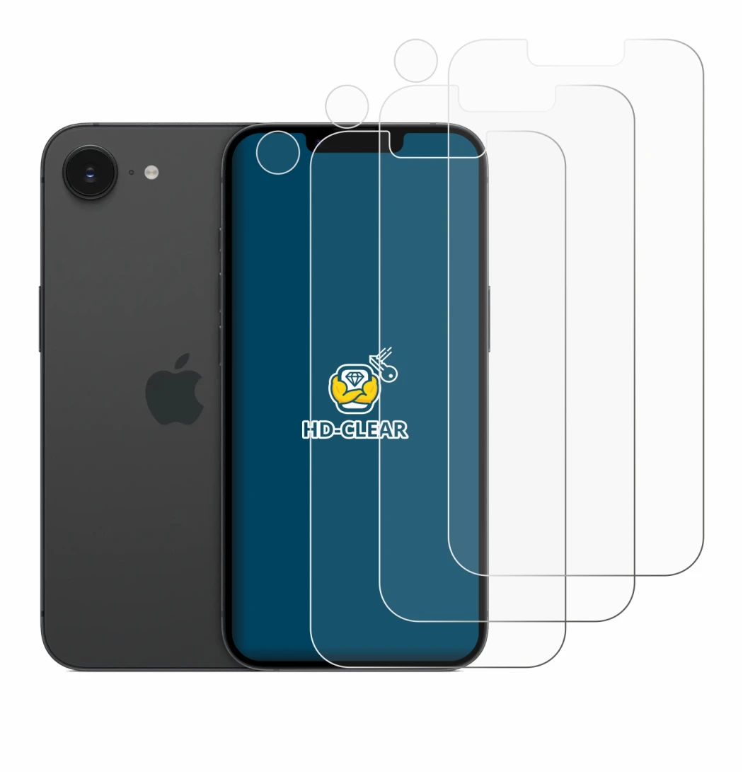 Abbildung des Geräts Apple iPhone 16e (Display+Kamera) mit einer Vielzahl des Displayschutzes.