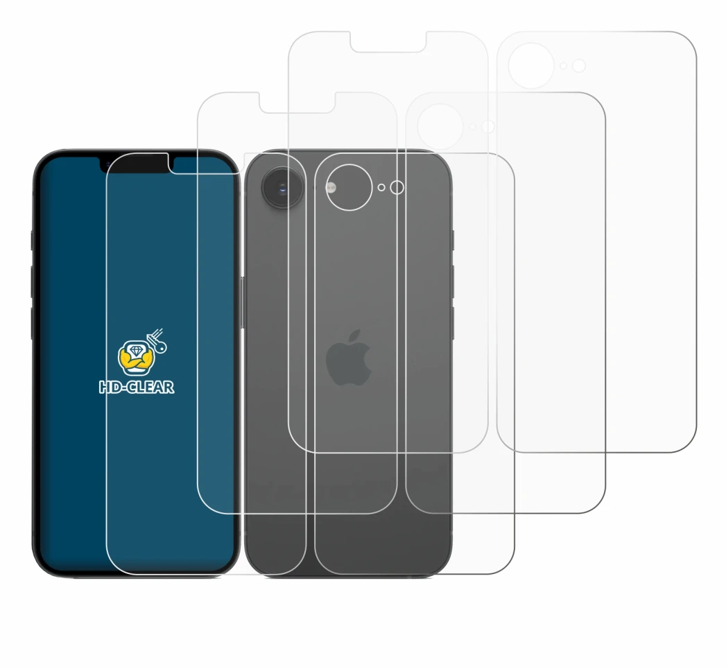 Abbildung des Geräts Apple iPhone 16e (Display+Rückseite) mit einer Vielzahl des Displayschutzes.