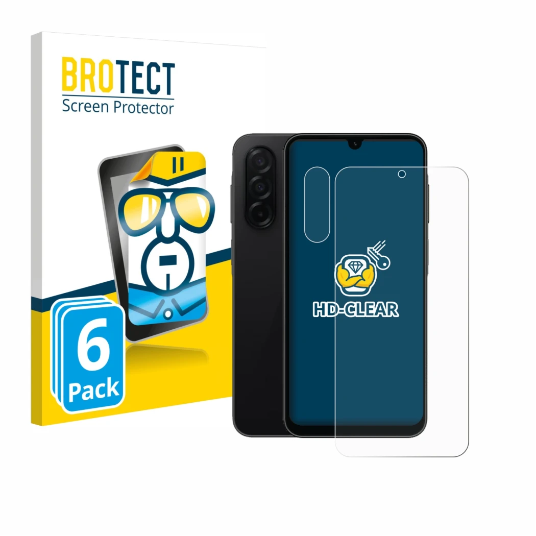 Vorderseite einer Produktverpackung mit dem Markenlogo BROTECT. Daneben ist das Gerät Samsung Galaxy A26 5G (Display+Kamera) m