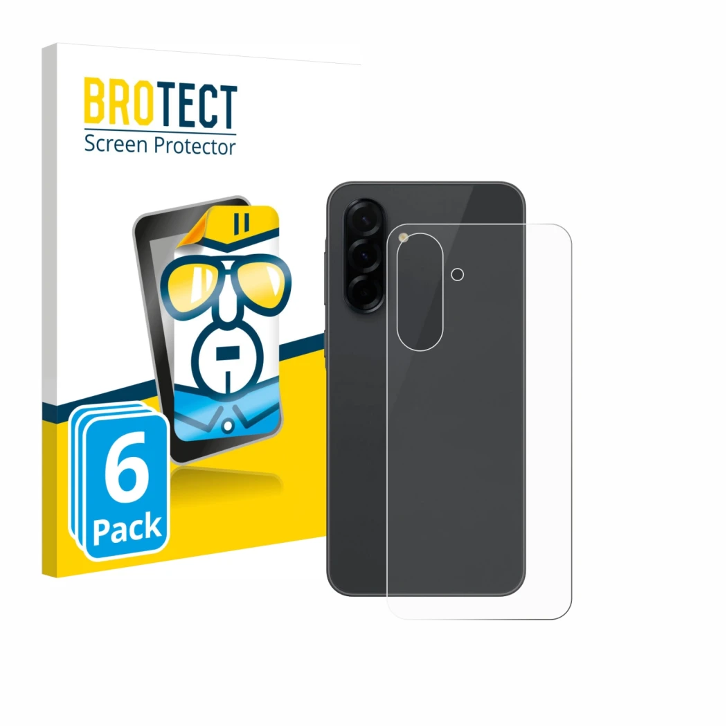 Vorderseite einer Produktverpackung mit dem Markenlogo BROTECT. Daneben ist das Gerät Samsung Galaxy A36 5G (Rückseite) mit de