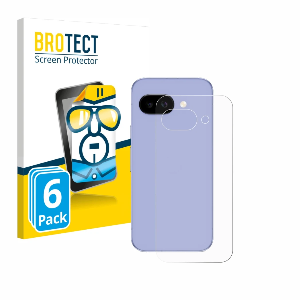 Vorderseite einer Produktverpackung mit dem Markenlogo BROTECT. Daneben ist das Gerät Google Pixel 9a (Rückseite) mit dem zuge