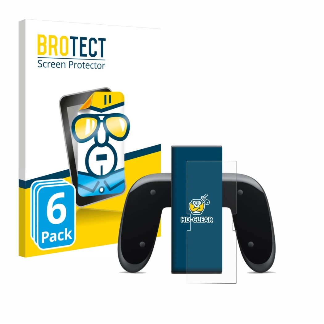 Vorderseite einer Produktverpackung mit dem Markenlogo BROTECT. Daneben ist das Gerät Nintendo Switch 2 Joy-Con 2-Holder mit d