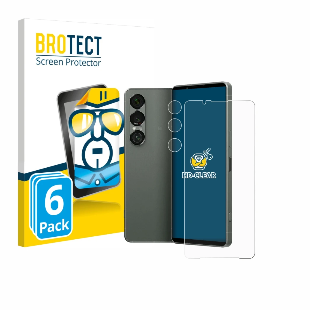 Vorderseite einer Produktverpackung mit dem Markenlogo BROTECT. Daneben ist das Gerät Sony Xperia 1 VII (Display+Kamera) mit d