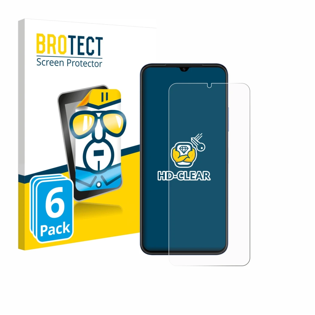 Vorderseite einer Produktverpackung mit dem Markenlogo BROTECT. Daneben ist das Gerät Huawei Nova Y61 mit dem zugehörigen Disp