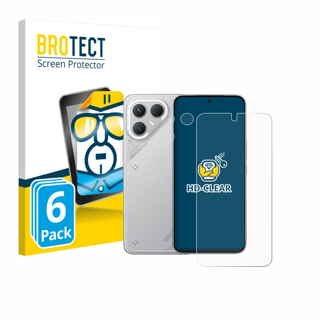 Vorderseite einer Produktverpackung mit dem Markenlogo BROTECT. Daneben ist das Gerät Tecno Pova 7 Pro (Display+Kamera) mit de