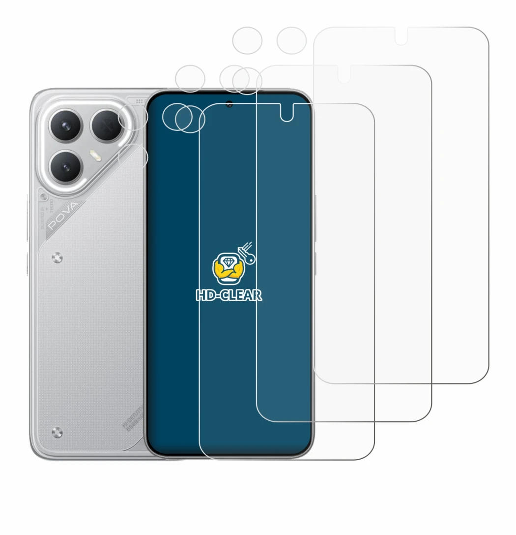 Abbildung des Geräts Tecno Pova 7 Pro (Display+Kamera) mit einer Vielzahl des Displayschutzes.